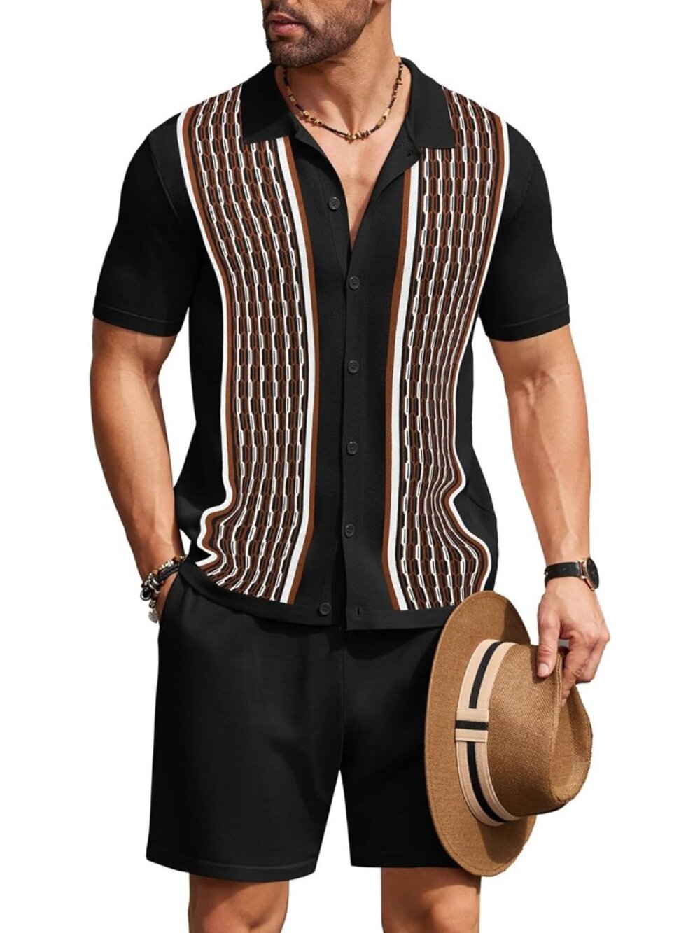 Coofandy Men's Black & Brown Vintage Short Sleeve Button Down Knit Polo Shirts